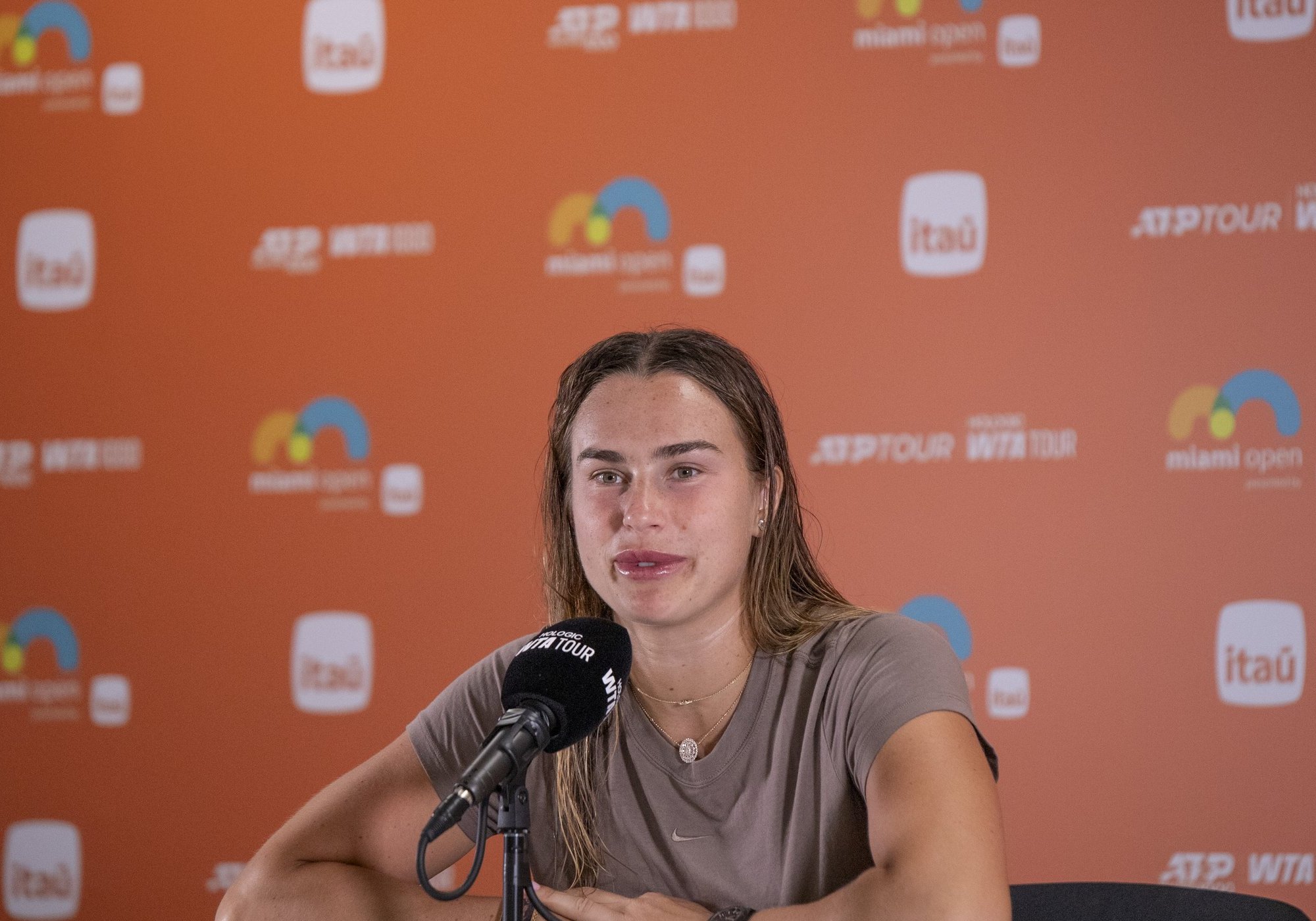 Aryna Sabalenka speaking at a tournament press conference