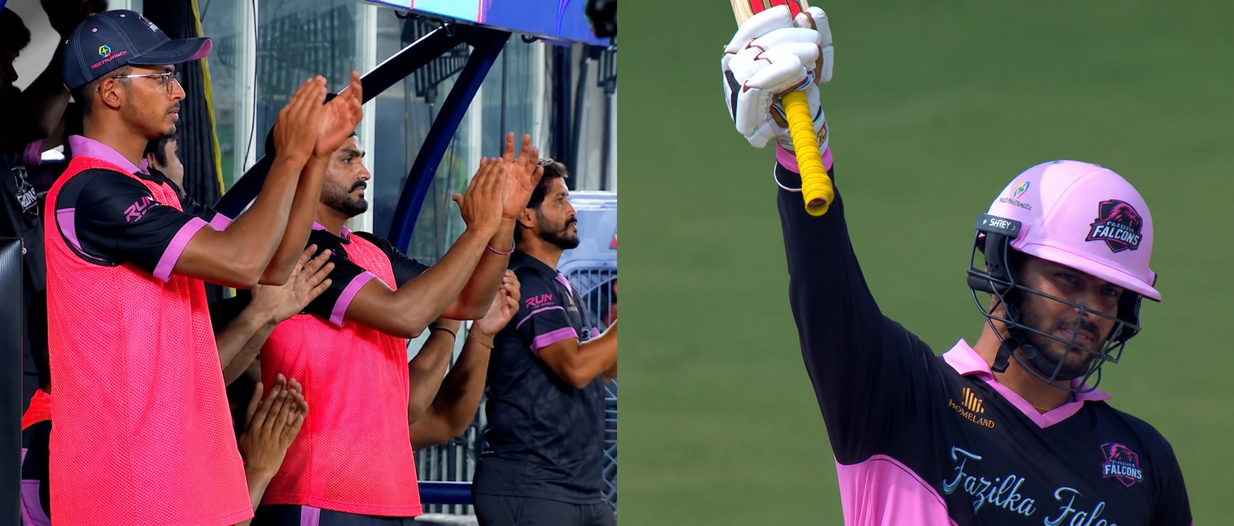 Sanvir Singh celebrates a half-century while his teammates applaud.