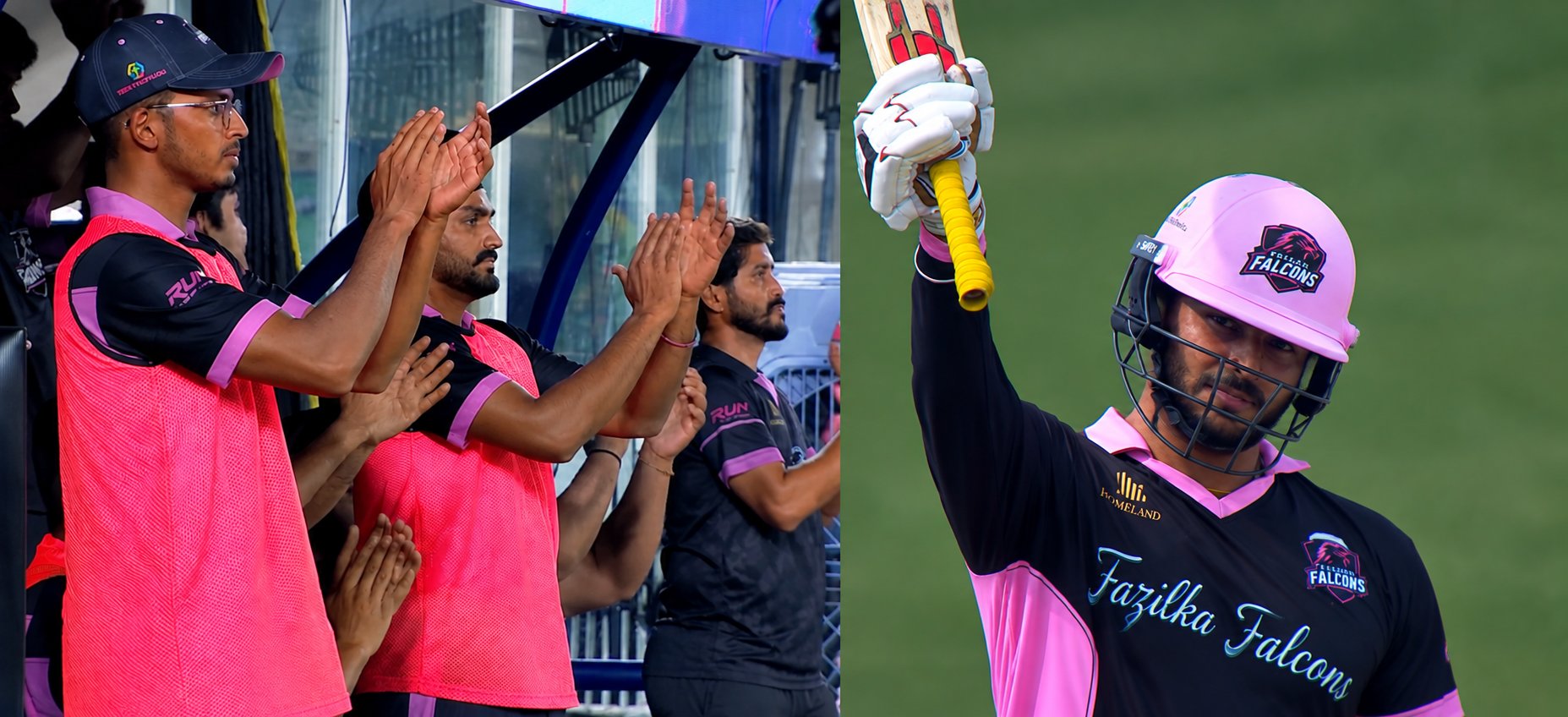 Sanvir Singh celebrates a half-century while his teammates applaud.