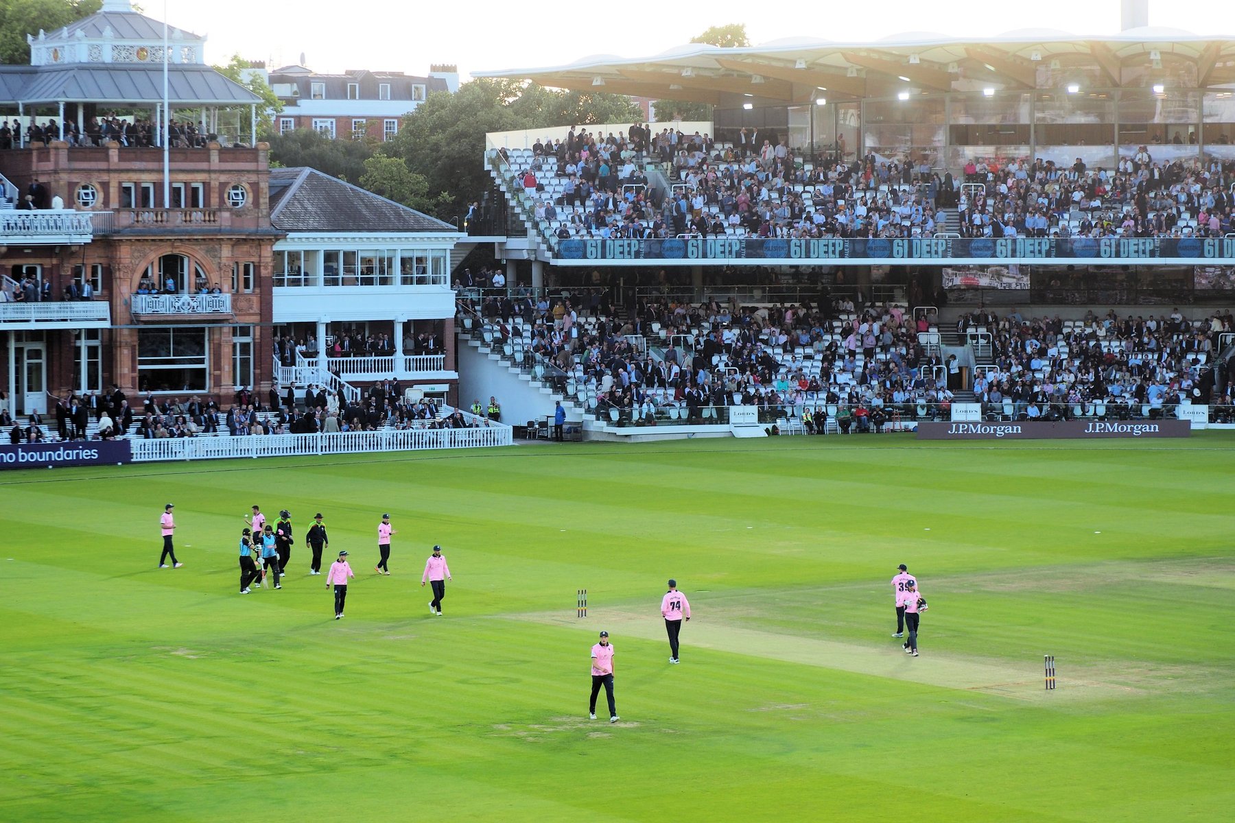 The pavilion and the outfield at Lord's Cricket Ground during a match